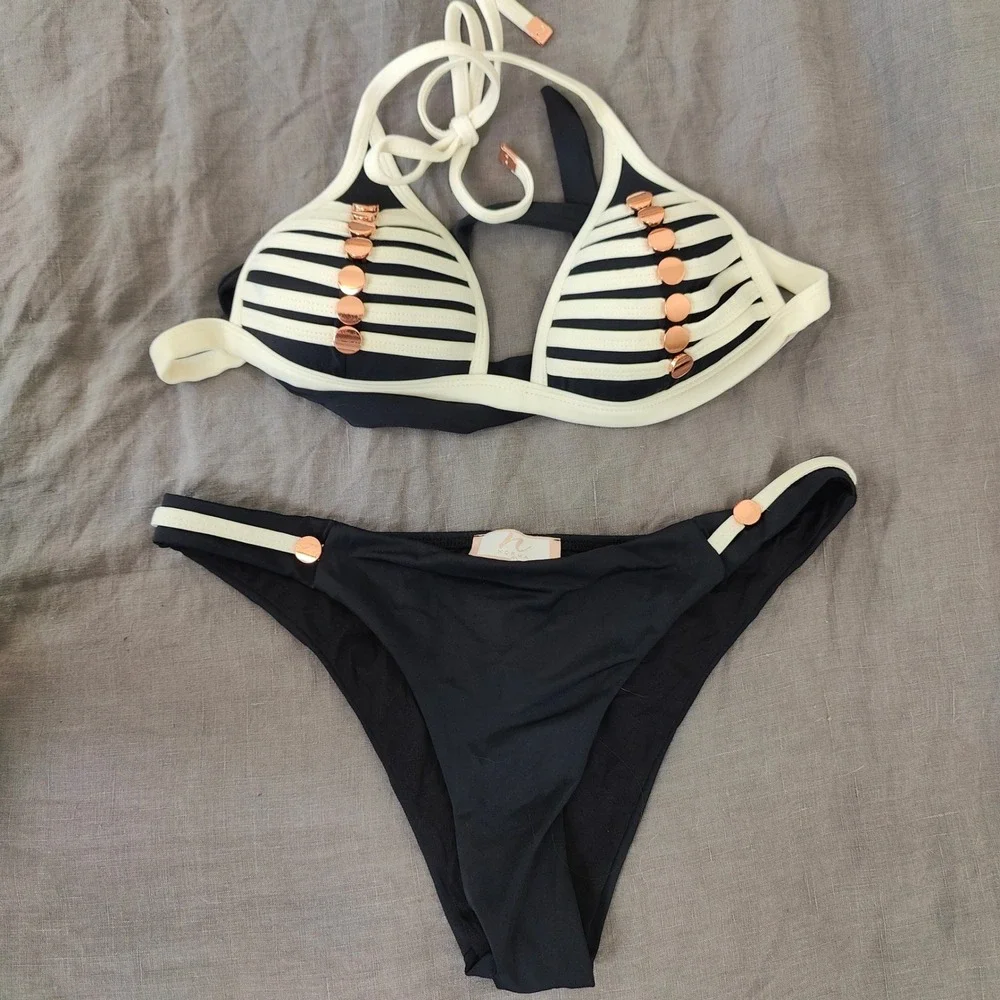 Norma Womens Bikini Set Large Black White Striped Rose Gold Hardware‎ Nautical